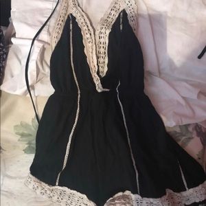 Black romper w cream crochet embellishments